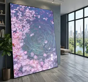 Gentle Cherry Blossom Petals Floating on Water Canvas, Soft Pink Floral Wall Art, Nature Ripples Design, Tranquil Home Decoration