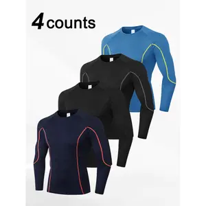 Men's 4-Pack Contrast Binding Round Neck Sports Tee Quick Drying Breathable Compression T-shirt for Running Training Basketball Football Gym Wear Quick-Dry Comfortable Long-Sleeve Polos
