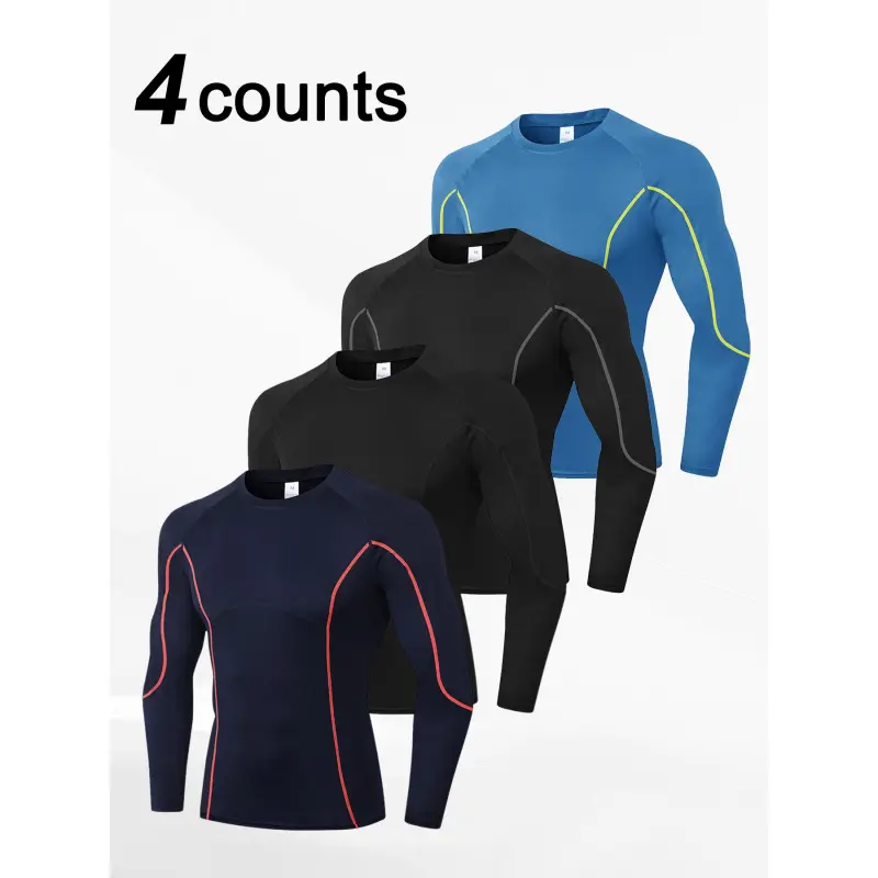 Men's 4-Pack Fitted Compression Shirts with Contrast Binding, Quick-Dry Round Neck Activewear for Gym and Running, Activewear Fitness