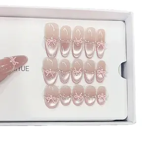 Three-dimensional Bow Pink Gradient Halo Acrylic False Nails Personalized Versatile Detachable Reusable Press-Type Nail Patches press-on nail collection Plastic Fake Fingers with Acrylic Nails