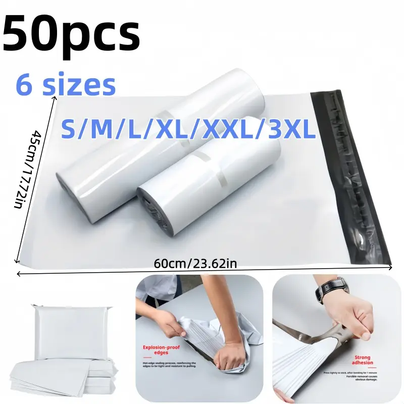50 Mailing Bags, Postal Bags, Durable and Strong, Reinforced Edges, 6 Sizes for Envelopes, Clothing Packaging, Shipping Services, Shipping Supplies