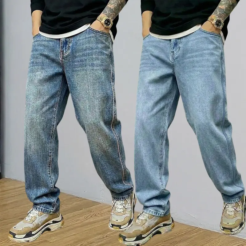 Men’s trendy loose straight-leg jeans, 2-pack; American vintage high-street casual long pants; solid color washed finish; durable and wear-resistant; versatile basic for all seasons; ideal as a holiday gift men bootcut, Streetwear, Pocket