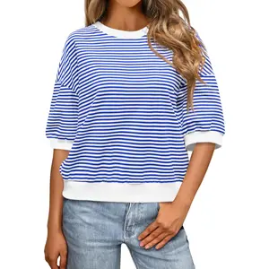 Tankaneo Womens Puff Sleeve Striped T Shirt Oversized Cropped Summer Casual Cotton Tops Loose Fitting Crewneck Sweatshirt