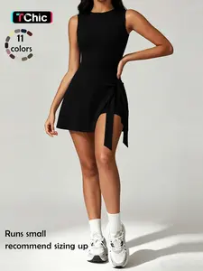 Anti-Exposure Slim Fit Sport Workout Active Dress, Tie Front Wrap Design, Sleeveless Soft Fabric, Ideal for Yoga and Tennis Attire, All Seasons Wear
