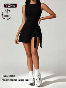 sporty women's solid color 2-in-1 tie front wrap sports dress, sport sleeveless round neck short dress for tennis gym workout exercise, ladies sportswear for all seasons, tennis dresses, activewear, gym clothing, tennis attire, gym workout clothes
