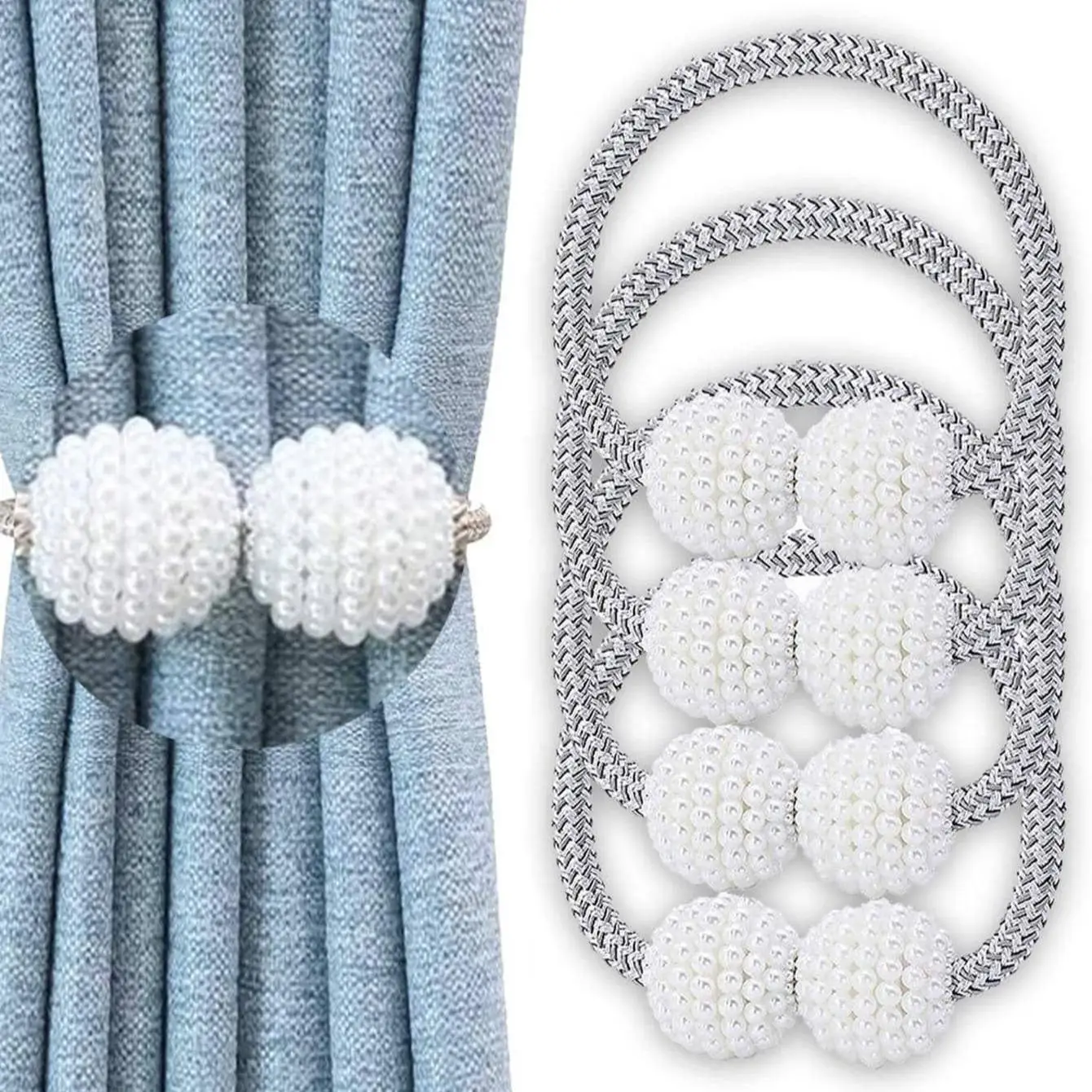 4pcs Random Color Curtain Tieback, Minimalist Faux Pearl Decor Magnetic Curtain Buckle For Home