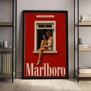 Vintage Marlboro Style Poster Red Wall Art Minimalist Retro Cigarette Ad Print Mid Century Modern Mancave Decor