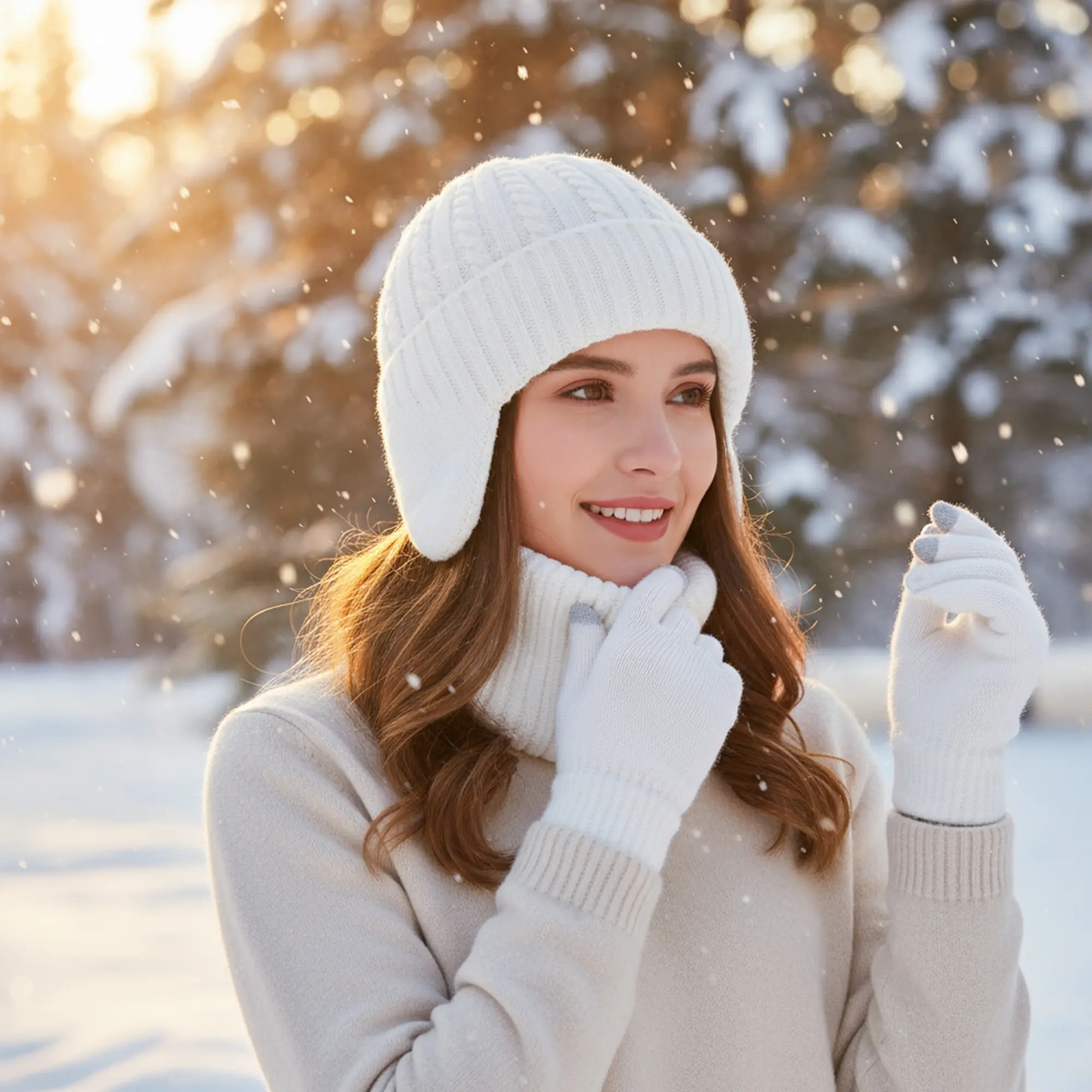 Knitted 3-Piece Hat, Scarf and Gloves Set for Women, Acrylic Earflap Beanie with Casual Long Infinity Scarf for Cold Weather, Long Scarf