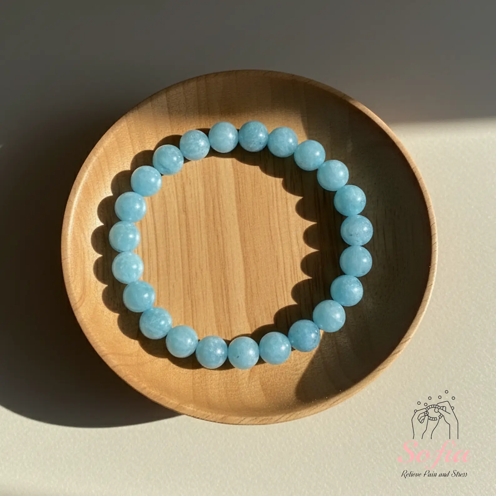 Sofia Natural Aquamarine Beaded Bracelet - 8mm Aqua Blue Crystal, Elastic Cord, Handmade Boho-Ready Dainty Crystal Bracelet for Daily Wear, Comfortable Stretch Fit, Daily Wear, Boho-Ready