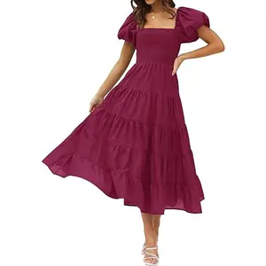 ZESICA Women's 2026 Summer Square Neck Short Puff Sleeve Solid Color High Waist Casual Smocked Flowy A Line Tiered Midi Dress ZESICA Women's 2026 Summer Square Neck Short Puff Sleeve Solid Color High Waist Casual Smocked Flowy A Line Tiered Midi Dress