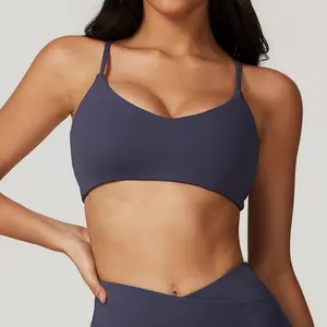 Nylon Sports Bra | V-Neck Spaghetti Strap Seamless Workout Bra