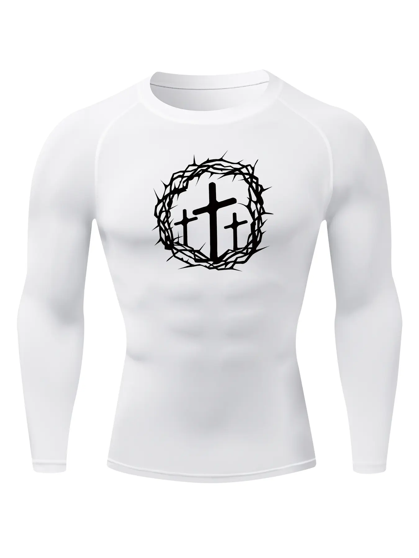 Men's Thorn Cross Graphic Print Long Sleeve Compression Shirt, Gym Workout Fitness Training Running Tight-Fit T-Shirt, Athletic Quick-Dry Elastic Baselayers Undershirts Top, Spring & Fall Sportswear Activewear