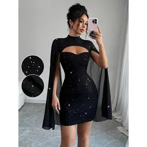 SYHAN 2026 Latest Women's Stand-Collar Cape Shiny Club Party Dress Formal Glitter Bodycon Mini Dress for Night Out - Womenswear