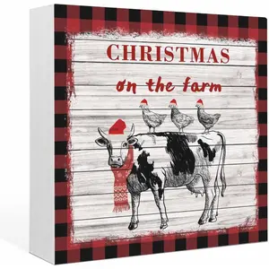 Wood Box Sign Desk Decor Farm Cow Chicken White Wood Square Boxes Sign, Rustic Animal Christmas Checkered Wooden Block Box Sign Decoration for Home Wall Tabletop Shelf Office Decor, 5x5 inch