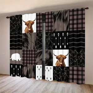 2-piece set of Highland Cow Western style patchwork printed semi transparent curtains, pole bag hanging, made of polyester material, suitable for living room, bedroom, and home decoration, hand washable, hook free