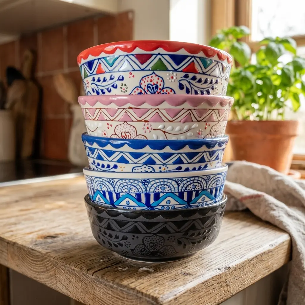 Artisanal Pottery Salad Serving Bowls - 5.5" Wide x 2.2" Tall Floral Rustic Kitchenware Ceramics, Eco-Friendly BPA-Free Stoneware, Oven-Safe Tableware, Handmade Wedding Gifts