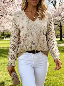 Butterfly Floral Print V Neck Sweater, Hollow Out Crochet Lace Sleeve Loose Knit Top, Women's Casual Fashion Pullover