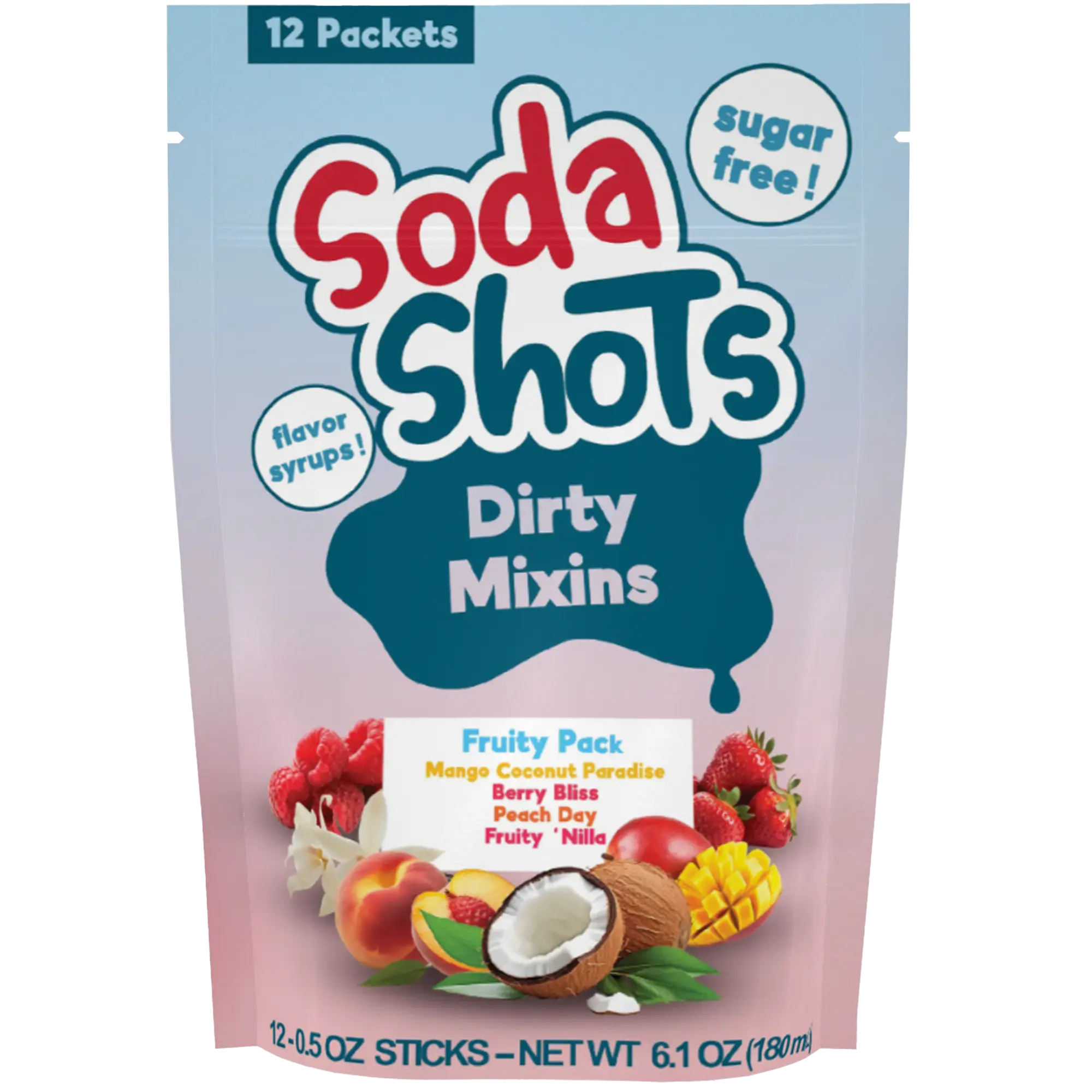 Fruity Pack Dirty Soda Sugar Free 4 Flavor Variety Pack, Peach Raspberry Vanilla Coconut Mango Strawberry Syrup Mixin, Mix into 12-16oz Sodas, at Home and on the Go.