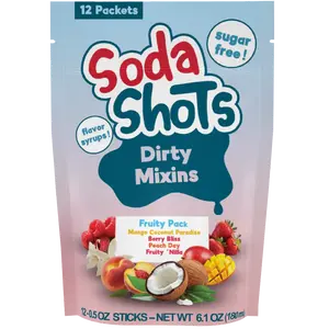 Fruity Pack Dirty Soda Sugar Free 4 Flavor Variety Pack, Peach Raspberry Vanilla Coconut Mango Strawberry Syrup Mixin, Mix into 12-16oz Sodas, at Home and on the Go.