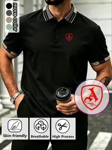 Fashion Casual Summer Short Sleeve Polo Shirt, Team Print Outdoor Running Fitness Golf Collar, Button Front, Breathable Polyester Fabric