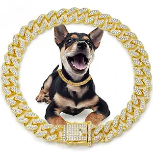 Dog Chain Collar Gold 20 mm Wide Diamond Collar Large Dog Necklace Metal Pet Crystal Collar Jewelry Accessories for Medium Large Dogs(20 Inch)