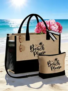 Women's Beach Theme Tote Bag, 'beach Please' Palm Tree Print, Casual Fashion Handbag, Large Capacity Shoulder Bag, Durable Material, Beach Bags