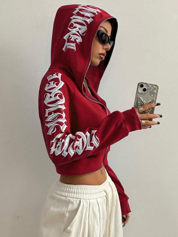 Gothic Streetwear Zip Up Hoodie for Women . Red Cropped Hoodie with Bold Letter Embroidery . Trendy Urban Style .Y2K Aesthetic Hooded Jacket . Baddie Fashion Statement Outfit