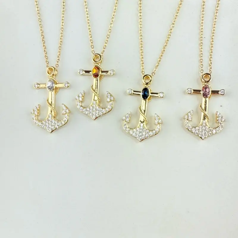Anchor Pendant with Fine Chain & Zircon - Available in Various Colors - 18 Inches Long Necklace