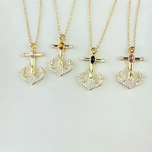 Anchor Pendant with Fine Chain & Zircon - Available in Various Colors - 18 Inches Long Necklace