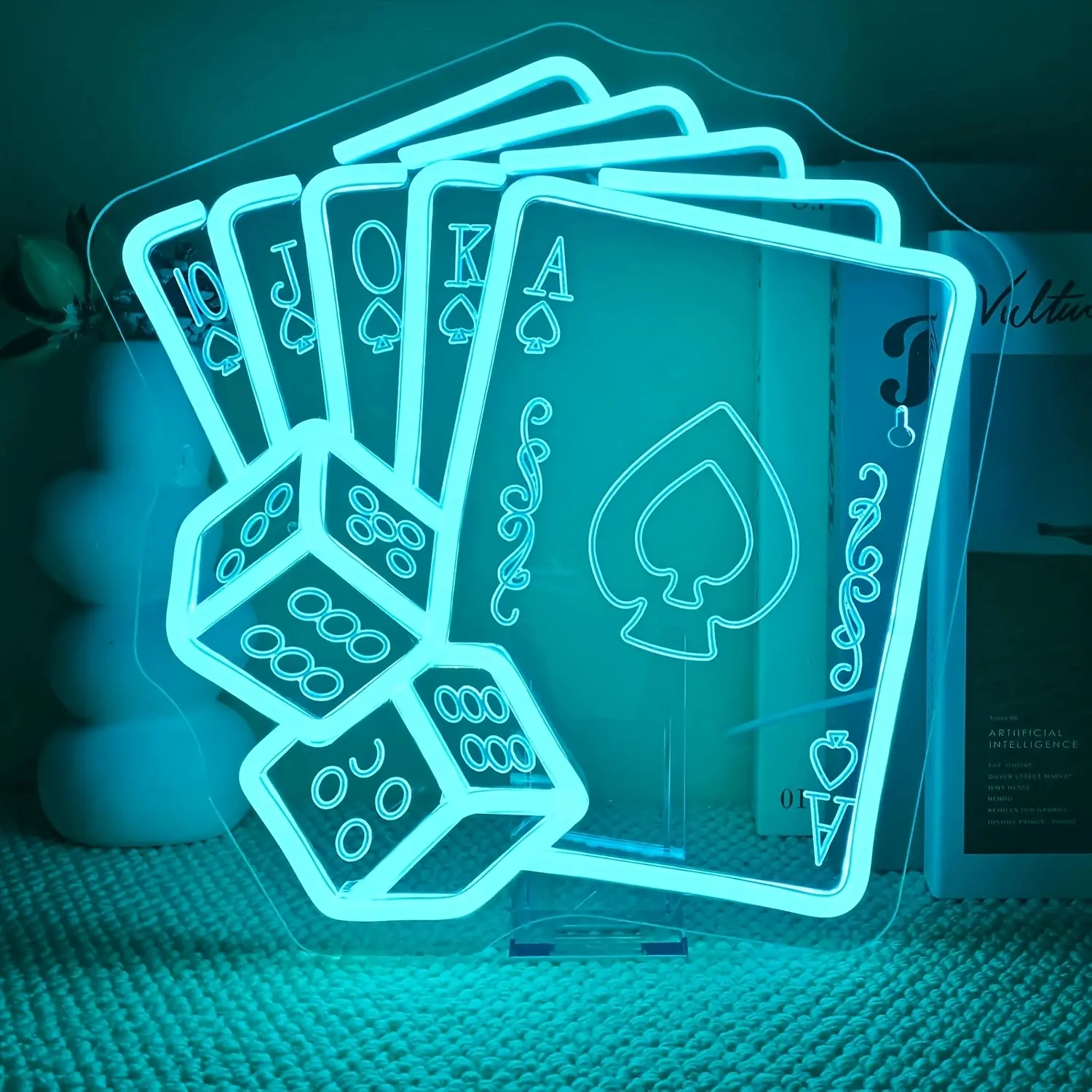 Blue Poker Neon Signs Dice Neon Signs Casino Theme LED Neon Light Wall Decor Straight Flush Led Light for Bedrooms Bar Clubs Casinos Hotels Game Room Man Cave Party Decorations