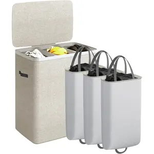 Laundry Basket with Lid, 3 Section 190L Collapsible Laundry Hamper Organizer, Easy Assembly with Handles and Removable Liners, 25.2 x 15.7 x 29.5 Inches, Beige JSP904M