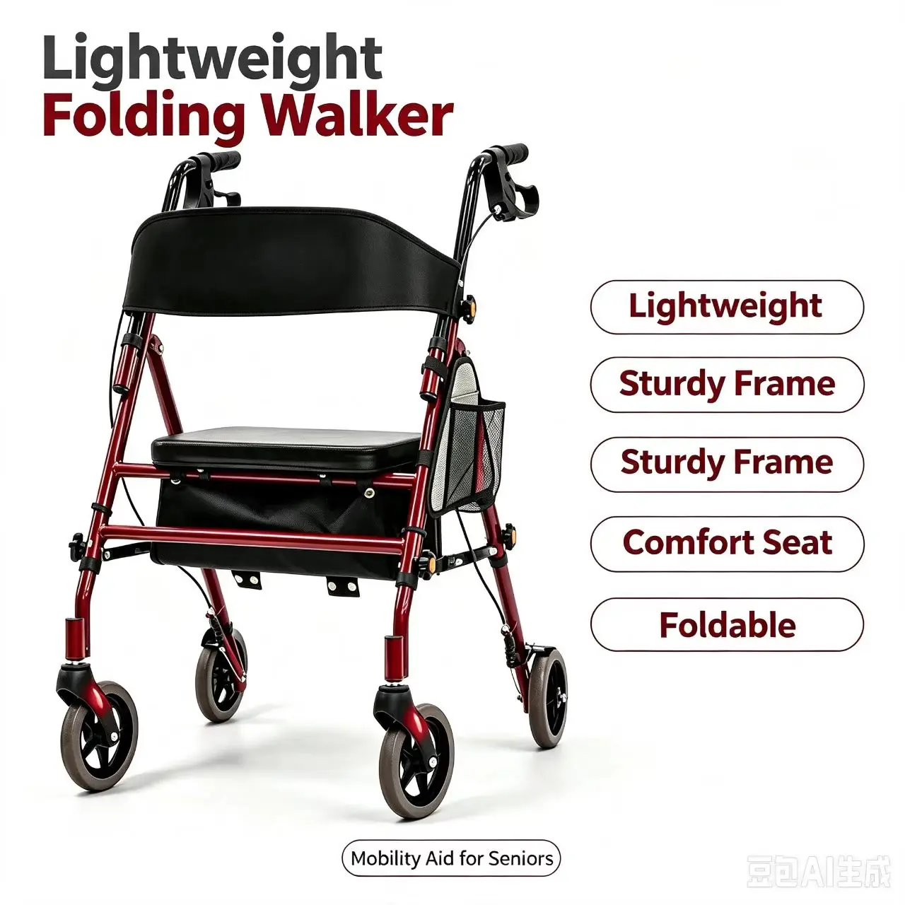 Matinal Foldable Rollator Walkers with Seat for Seniors, 350 lb Capacity, 8'' Big Wheels, 6-Position Height, Premium Hybrid Rolling Walker - Aluminum and Carbon Steel