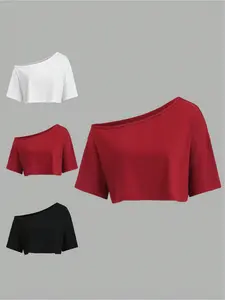 Get this 3-piece relaxed fit Knit tee set with a cool asymmetric shoulder! It's your perfect casual look for a day of shopping Womenswear