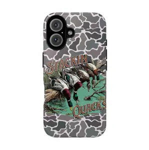 Duck Hunting Collage Phone Case, gray black white camo “Stackin Quacks” upside down duck rustic Americana outdoor vibes girl no bad vibes aesthetic gift play now for iPhone 17 16 15 14 13 12 Pro Max Plus X, Samsung Galaxy S25 S24 S23 S22 S21 Ultra
