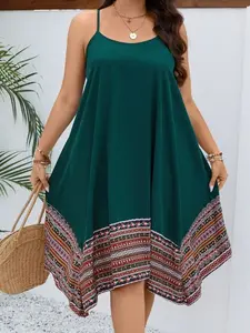 Plus Size Boho Geo Print Cami Dress - Summer Beach Vacation Sundress - Flowy Hanky Hem Holiday Outfit