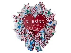 Handmade Nurse Appreciation Wreath - Red Heart Design with Medical Theme Ribbon Nursing Door Decor Front Door Gift for Nurses Hanging Lightweight Ornament Decoration Hangable
