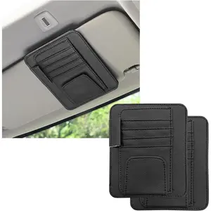 2 count Small Leather  Sun Visor Organizer, Multifunctional Auto Visor Document Holder with Sunglasses Clip, Universal  Interior Organizer for Drving License, Card, Pen (Black)