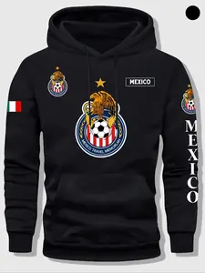 Mexican Flag Football Graphic Letter Print Hooded Fleece Sweatshirt Set, Men's Casual Fitted Long Sleeve Jacket with Hat, Fall & Winter Fashion