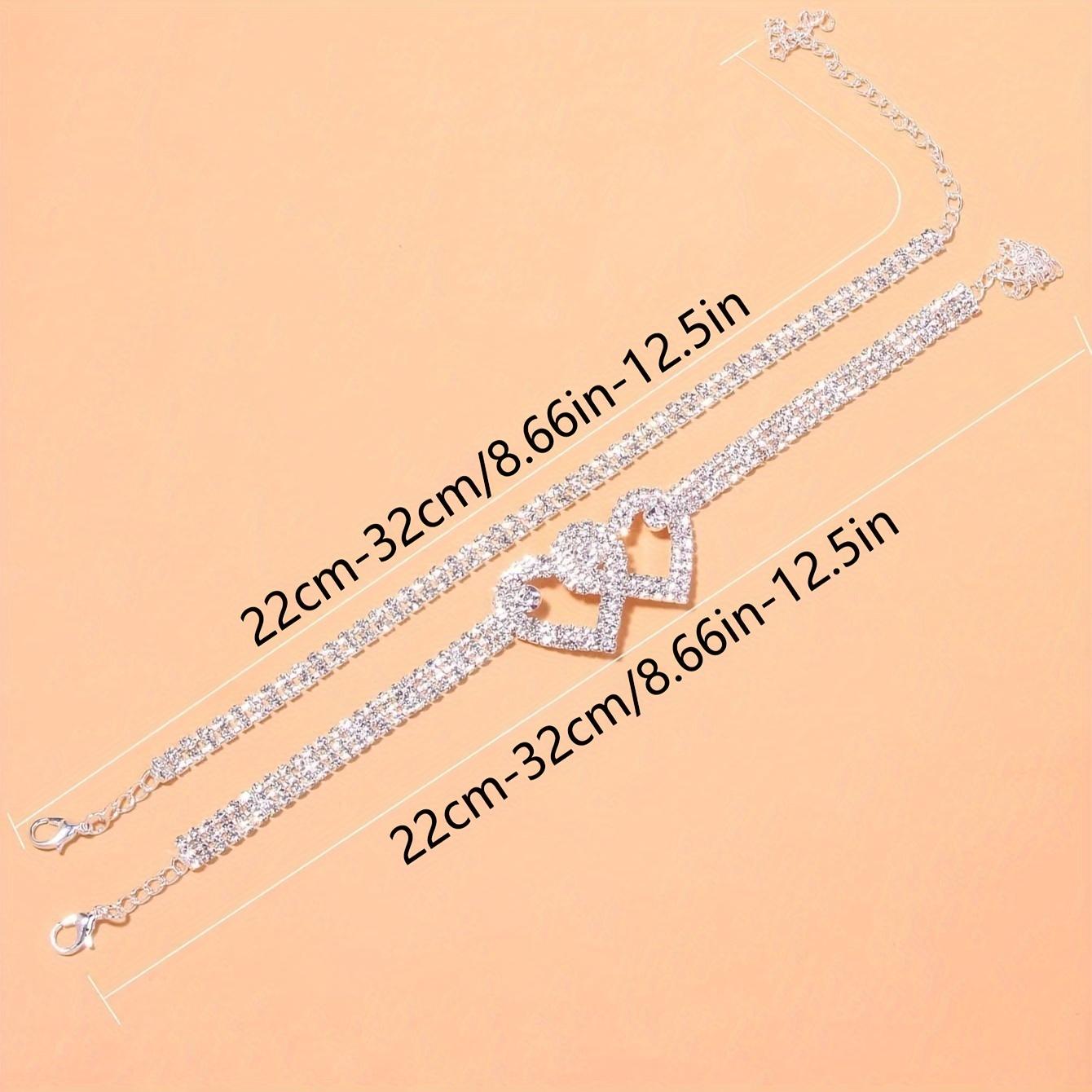2-piece set of double heart rhinestone anklets, shiny beach foot jewelry, wedding accessories, perfect gift for friends and family