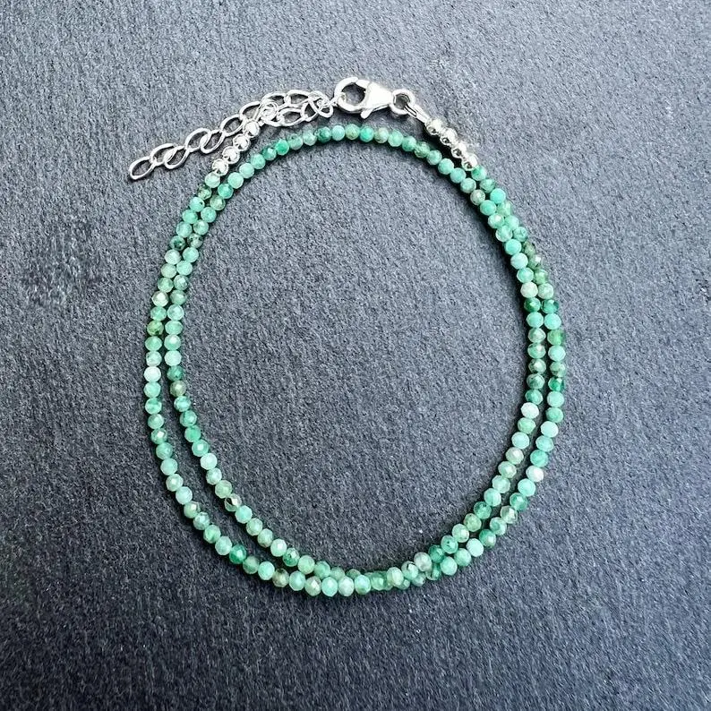 May Birthstone AA Green Emerald Crystal Necklace, Faceted Round Beads, Dainty Gemstone Jewelry