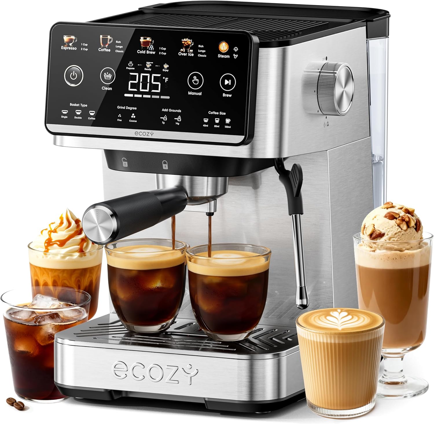 ecozy 2-in-1 Espresso Machine - LED Touch Screen, 20 Bar Pump, Home Coffee Bar, All in One with Drip Coffee, Hot Water and Milk Frother,  Stainless Steel Coffee Maker, Brezzano Core Series Coffee Machine for Cappuccino, Latte, Americano, tiktokshopsp summ