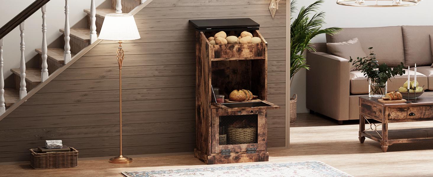 Large Potato Storage Wood Bin, Wooden Bread Storage Bins, Decorative Potato and Onion Storage Bin with 4 Doors, Potato Bin with Grocery Section, Wooden Vegetable Storage Box with Lid