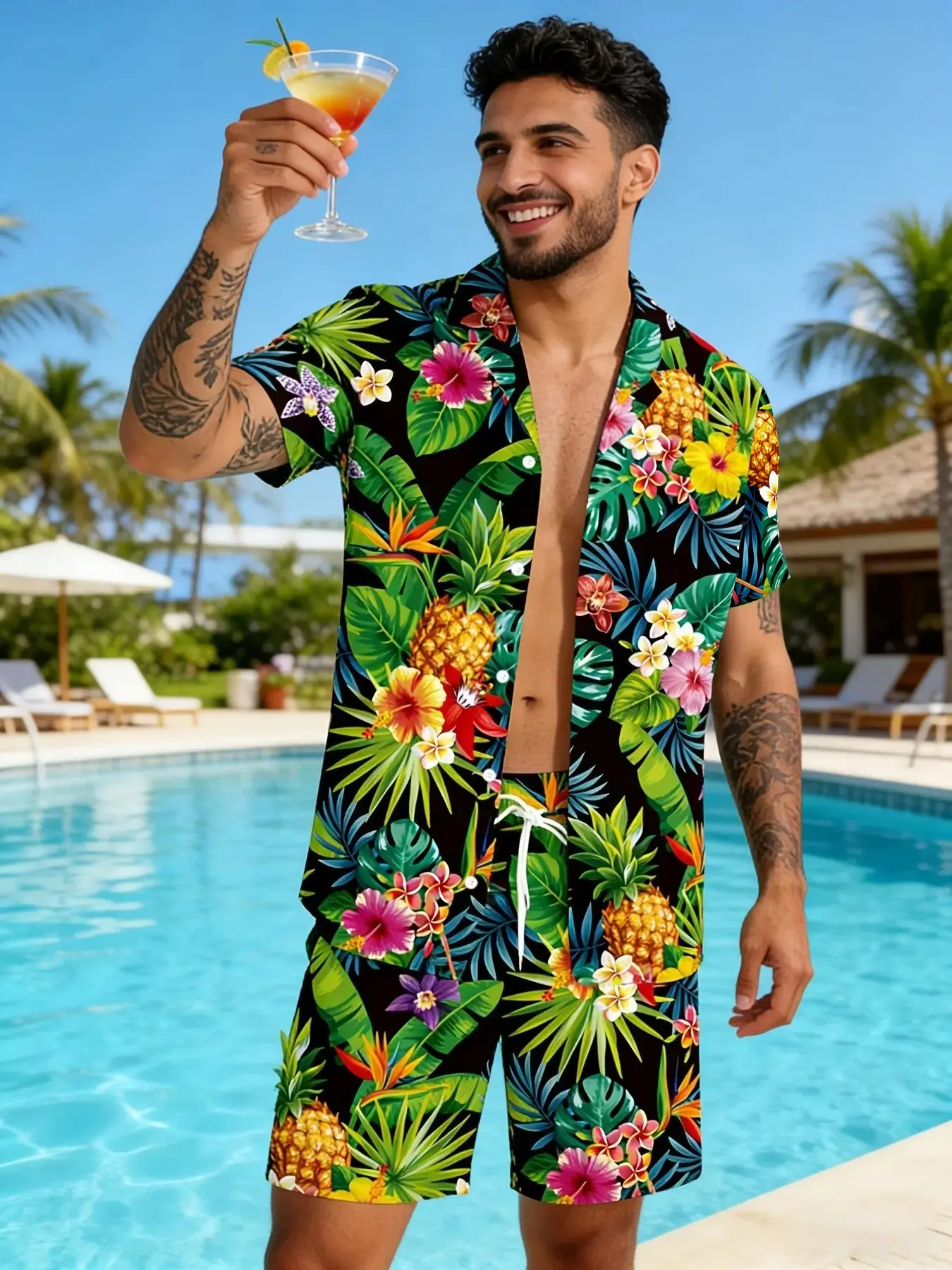 Men's Hawaiian Style Tropical Floral Beachwear Set, Cuban Collar Shirt & Drawstring Shorts, Casual Sportswear, Soft Skin-Friendly Material