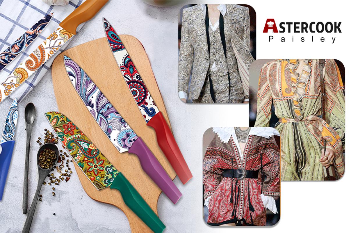 Astercook Paisley Knife Set, Scratch Resistant Coating, 6 Knives and 6 Knife Holders,  High Carbon Stainless Steel Kitchen Block Cooking Cutting