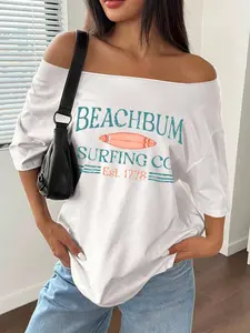 Women's Off Shoulder Surfing Tee, Casual Chic Beach Bum Surfing Company Letter Print Long Sleeve T-shirt for Summer, Ladies Clothes for Daily Wear Top Piece