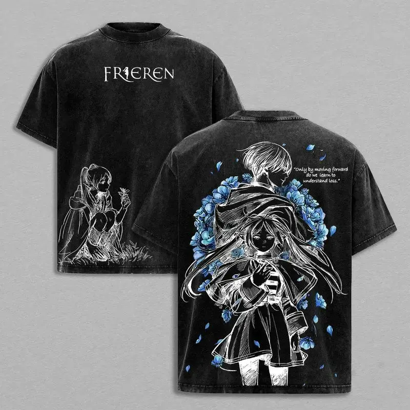 Frieren x Himmel Tee Washed – Frieren: Beyond Journey’s End Vintage Washed Heavy Cotton Oversized Anime Manga T-Shirt , Double Printed Retro Unisex Streetwear Graphic Top, Love After the Journey Fantasy Edition