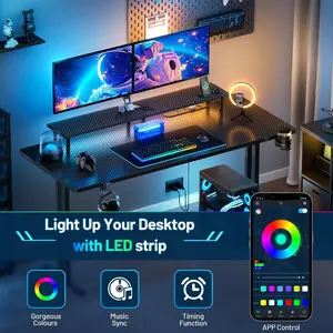 Gaming Desk With LED Lights & Power Outlet, Computer Gamer Desk With Monitor Stand, Ergonomic Carbon Fiber Gaming Table Home Office Desk With Cup Holder, Headphone Hook & Mouse Pad