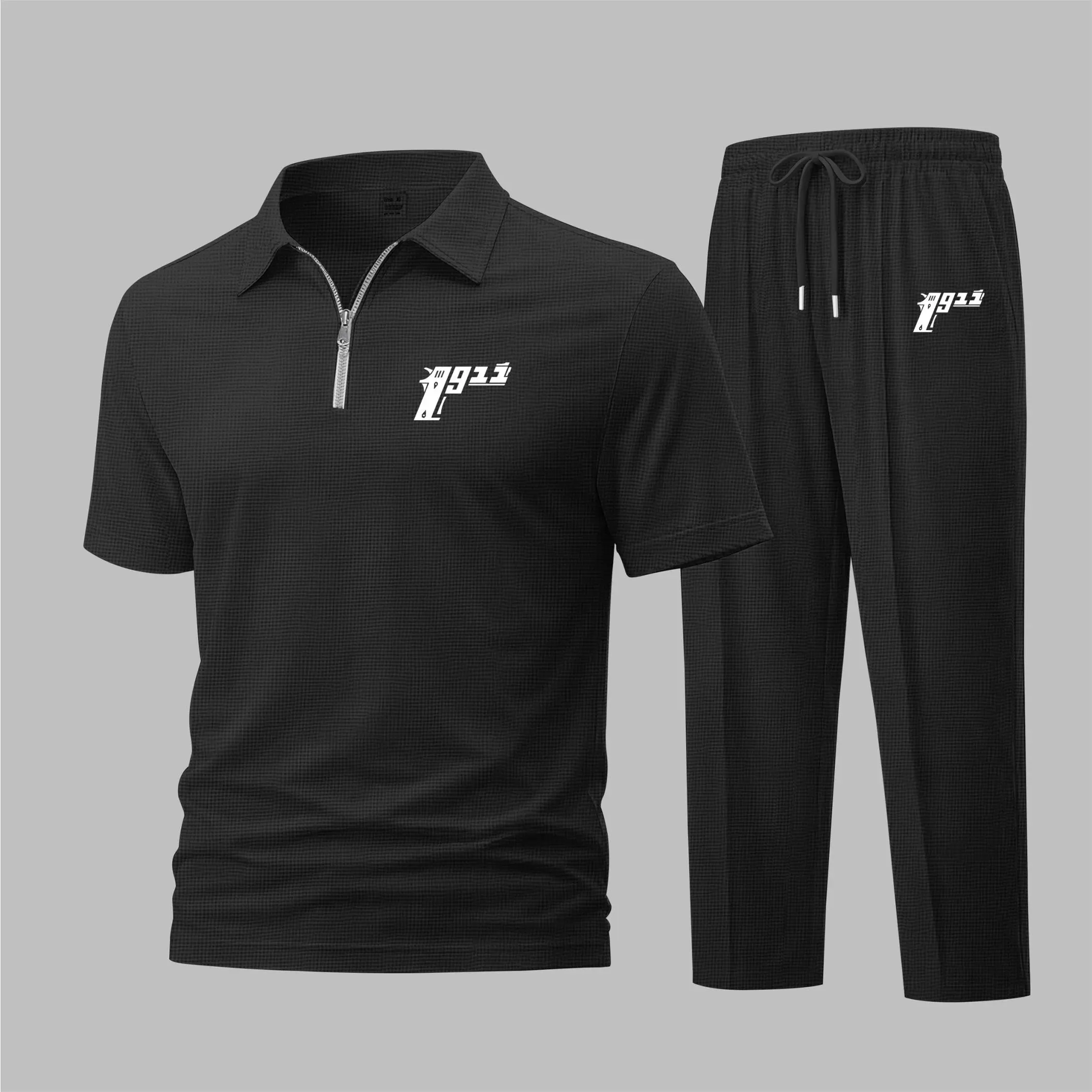 Men's Soft Elastic Henley Half-Zip Polo Shirt & Drawstring Pants Garment Set - Short-Sleeved Menswear for Spring/Summer, Daily Wear & Sports Relaxed Lifestyle, Shortsleeve