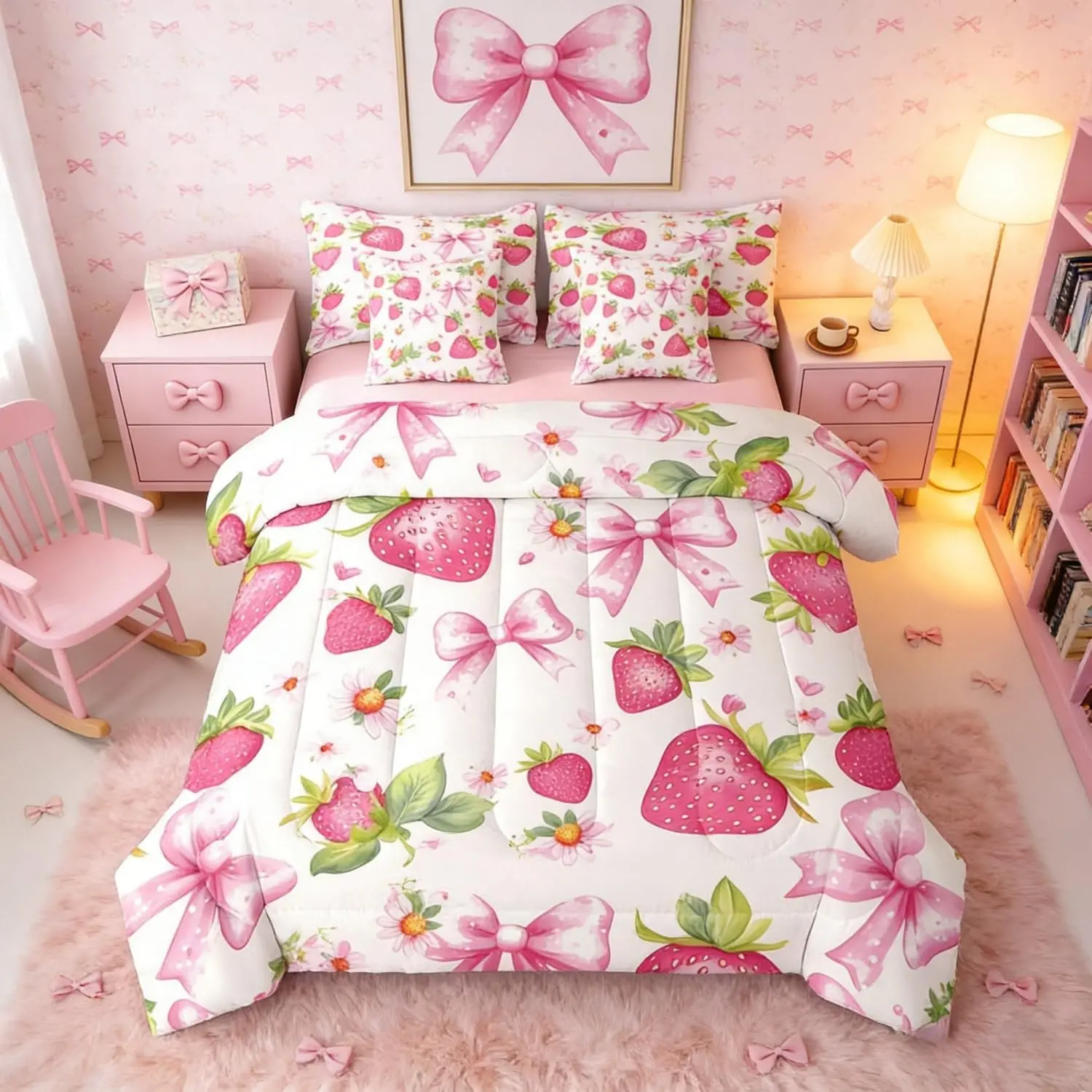 Cute Pink Bowknot 7 Piece Bedding Set Strawberry Bed in A Bag Ribbon Bow Comforter with Sheets Bow Tie Bed Sets