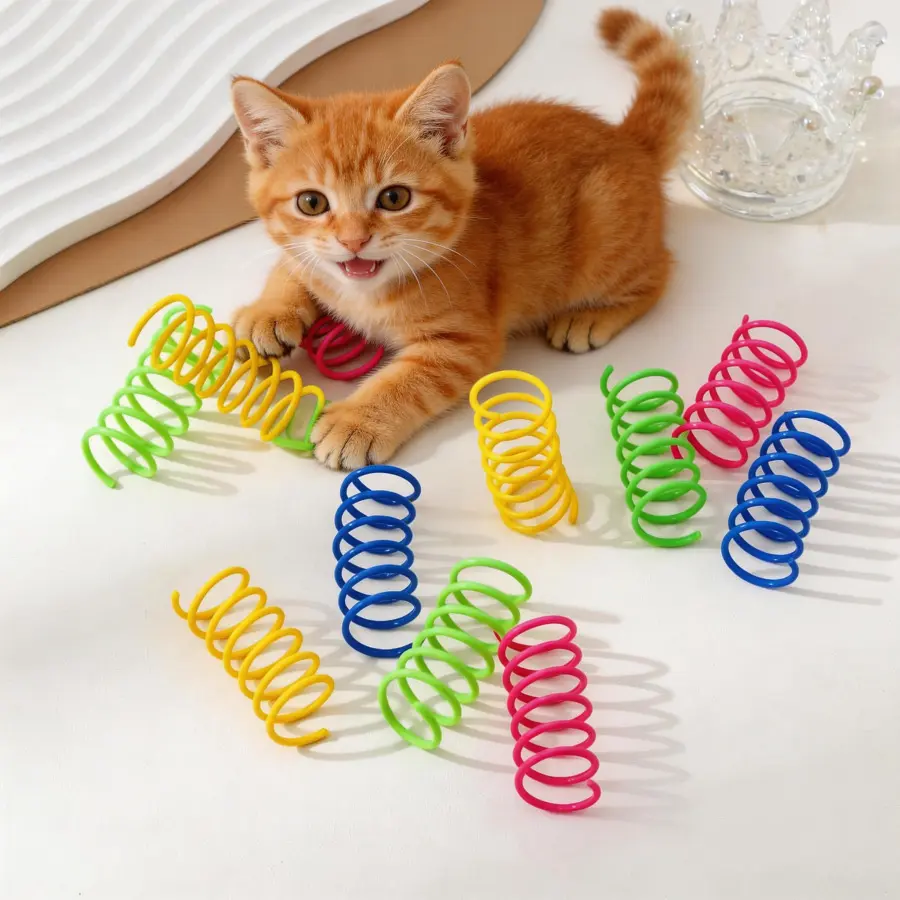 4-Pack Multi-Colors Thermoplastic Rubber Cat Spring Toys (9.5*2cm) - Durable Non-Toxic Coil Spirals, Interactive Kitten Chase Chew Toys for Self-Play Fun Boredom Relief, Pet Supplies Cat Accessories